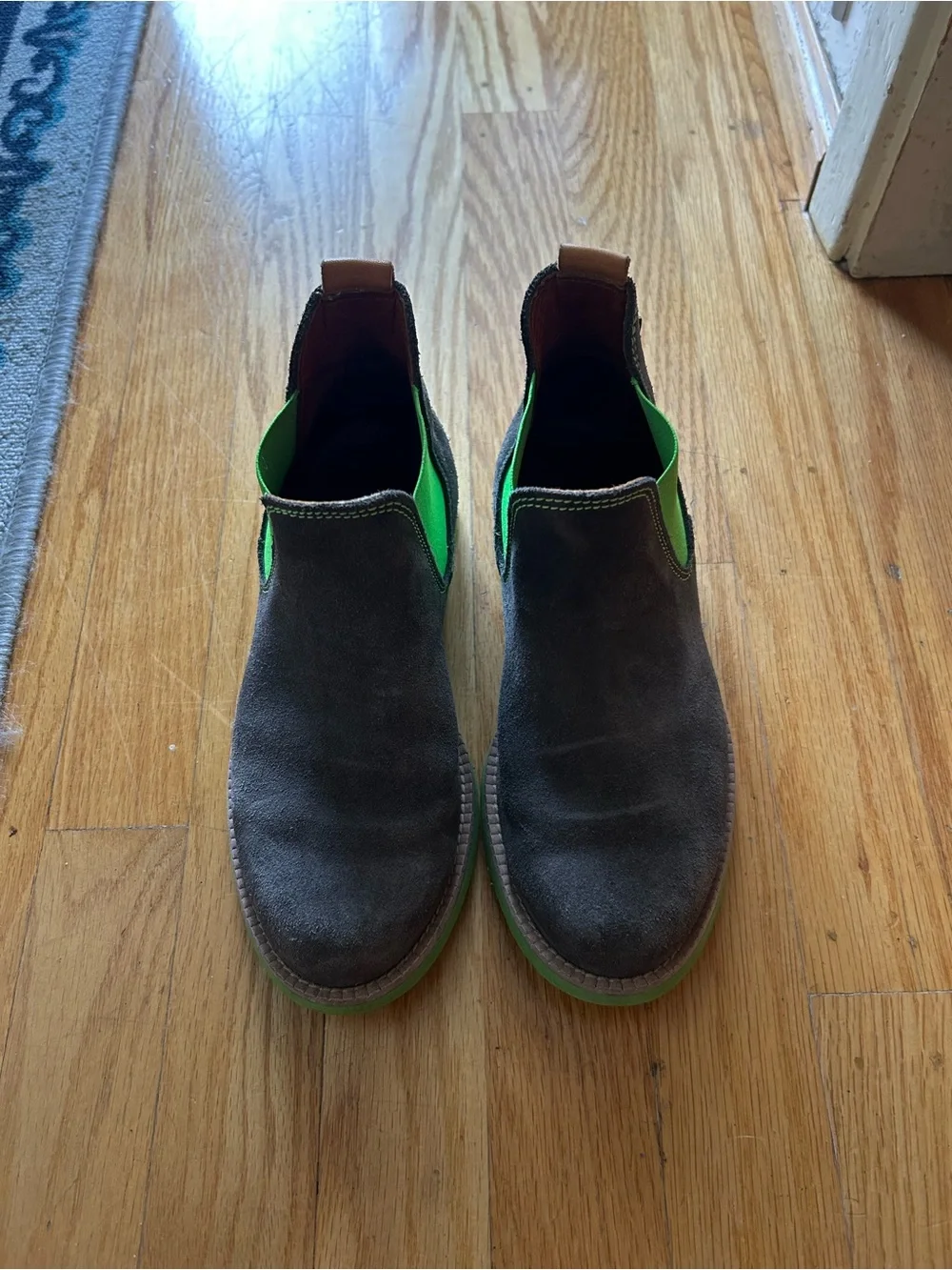 Kids Suede Chelsea Boot in Brown and Neon Green